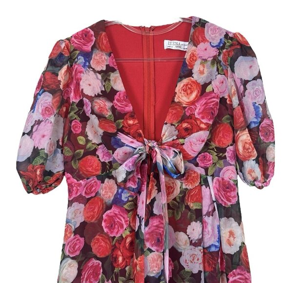 Ieena Mac Duggal Floral Puff Sleeve Tie Slit Romantic Midi Dress Pink Red Size 0 - Picture 5 of 15